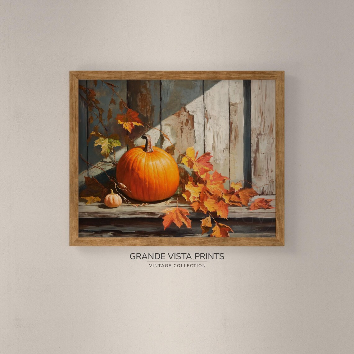 Orange Pumpkin Small Gourd Wooden Bench Weathered Boards Fall Art Poster - Image 4