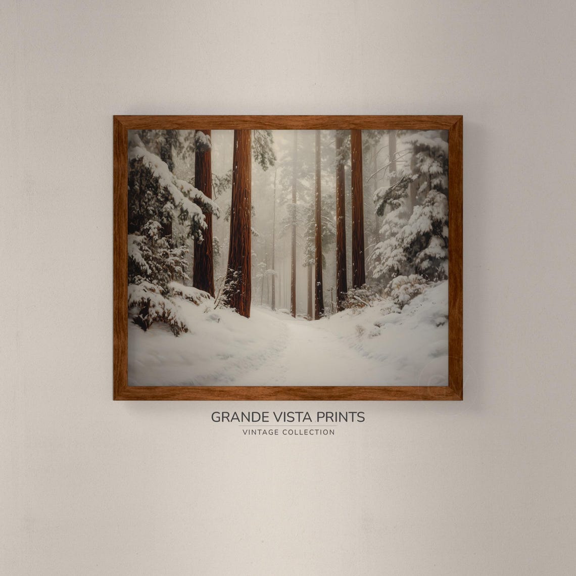 Snow Covered Redwood Forest Winter Trail Misty Snowfall Travel Poster - Image 4