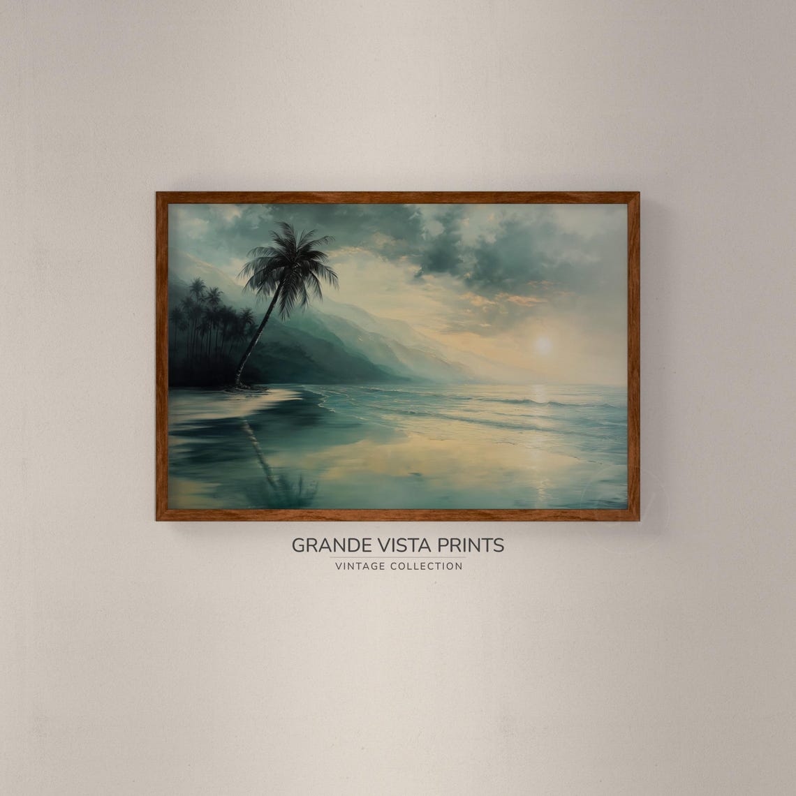 Tropical Palm Beach Misty Mountain Sunrise Teal Coast Travel Poster - Image 2