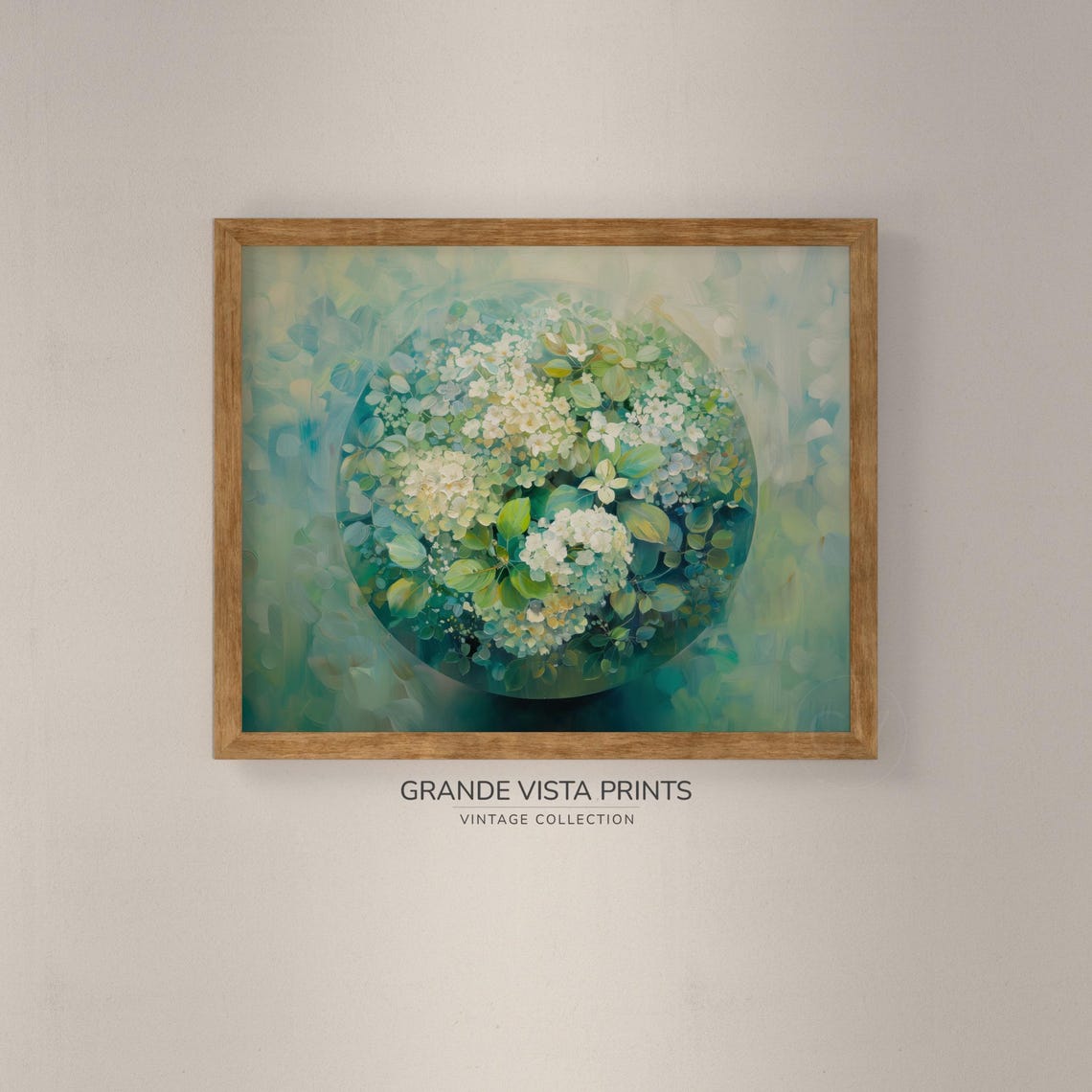 White Hydrangea Blossom Sphere on Teal Green Abstract Floral Wall Art - Image 4