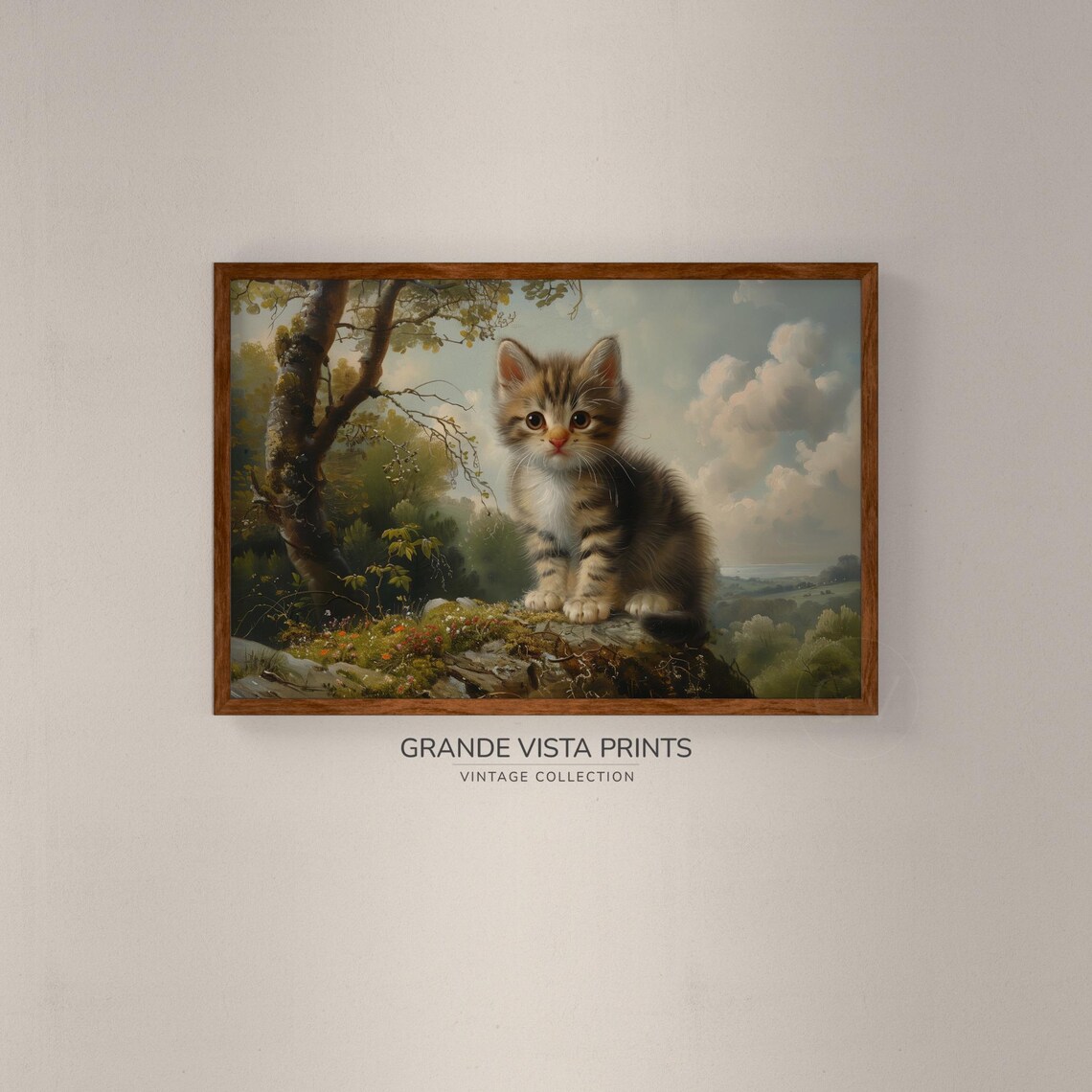 Tabby Kitten On Rock Vintage Cute Cat Painting Forest Animal Wall Art Poster - Image 2