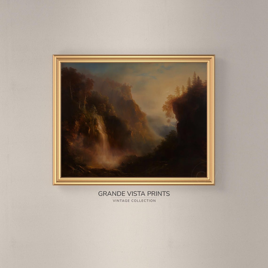 Misty Gorge Waterfall Amber Sunset Golden Glow Vintage Travel Poster - Image 3