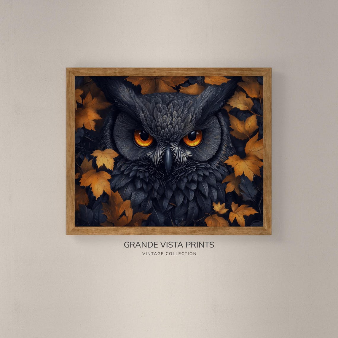 Black Owl With Amber Eyes Among Golden Autumn Maple Leaves Art Poster - Image 4