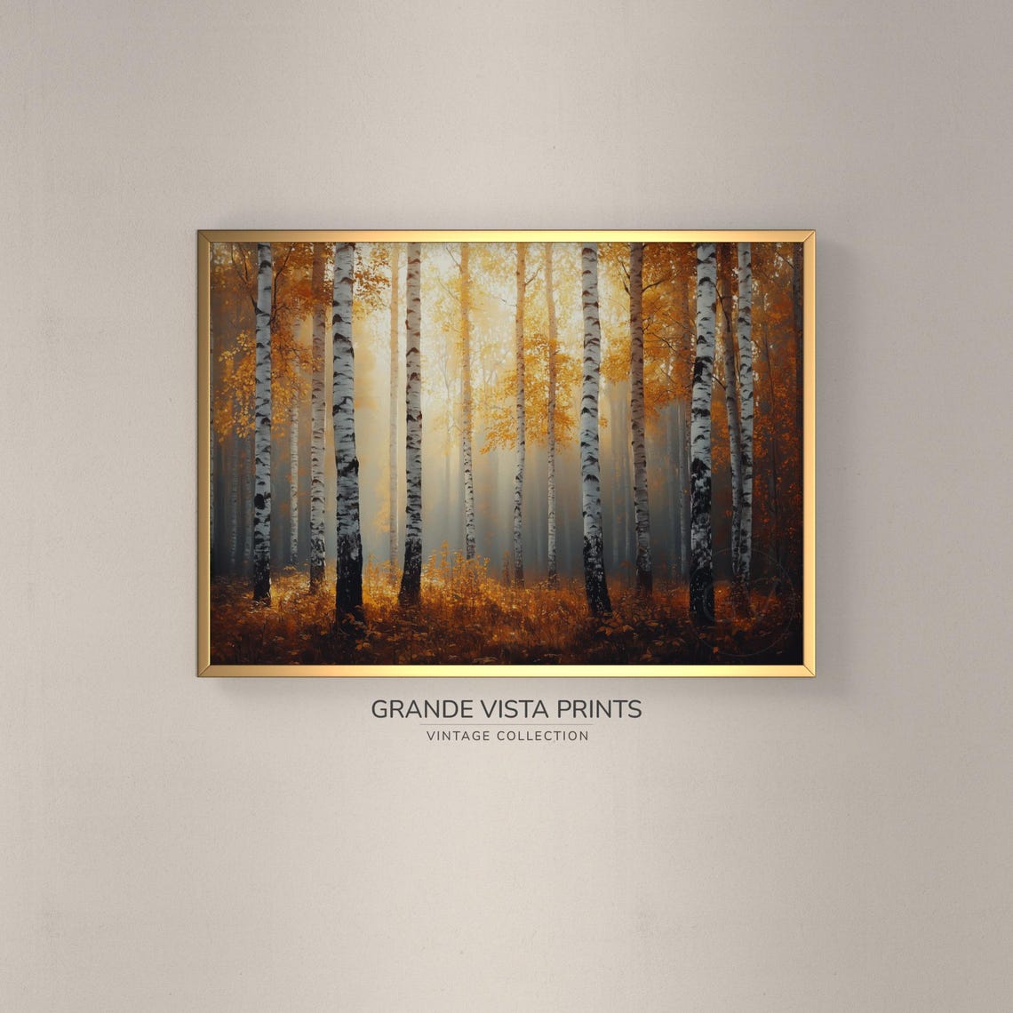Misty Golden Birch Forest Foggy Autumn Trees Landscape Painting Poster