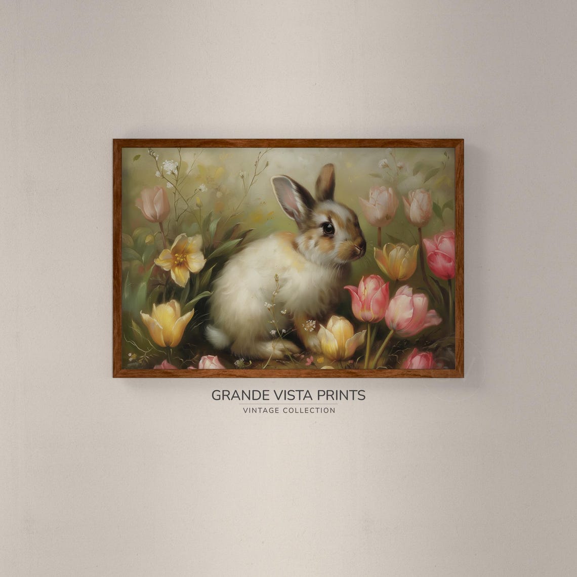 White Bunny Among Yellow Daffodils Pink Tulips Spring Easter Print - Image 2