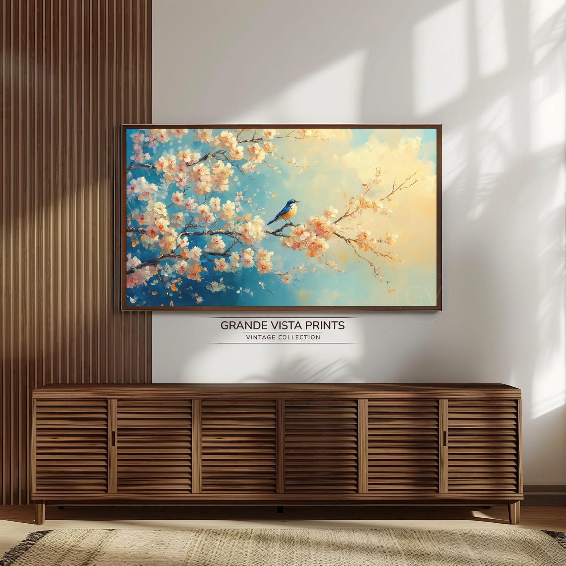 Bluebird on Cherry Blossom Branch Teal Sky Impressionist Wall Art - Image 3