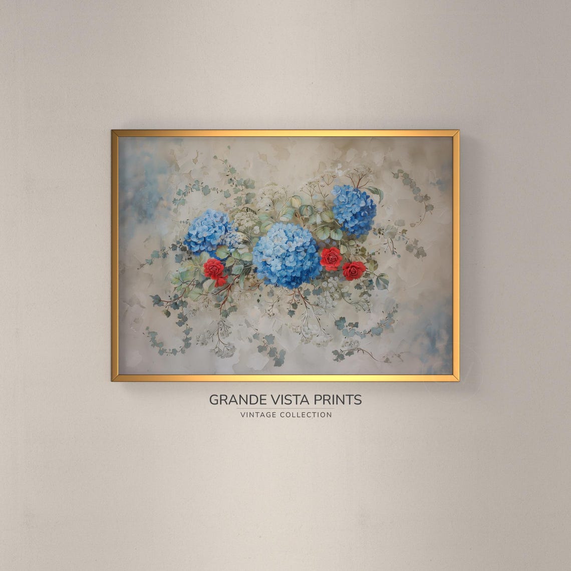 Blue Hydrangea Red Rose Spray Vintage Floral Wall Art Poster