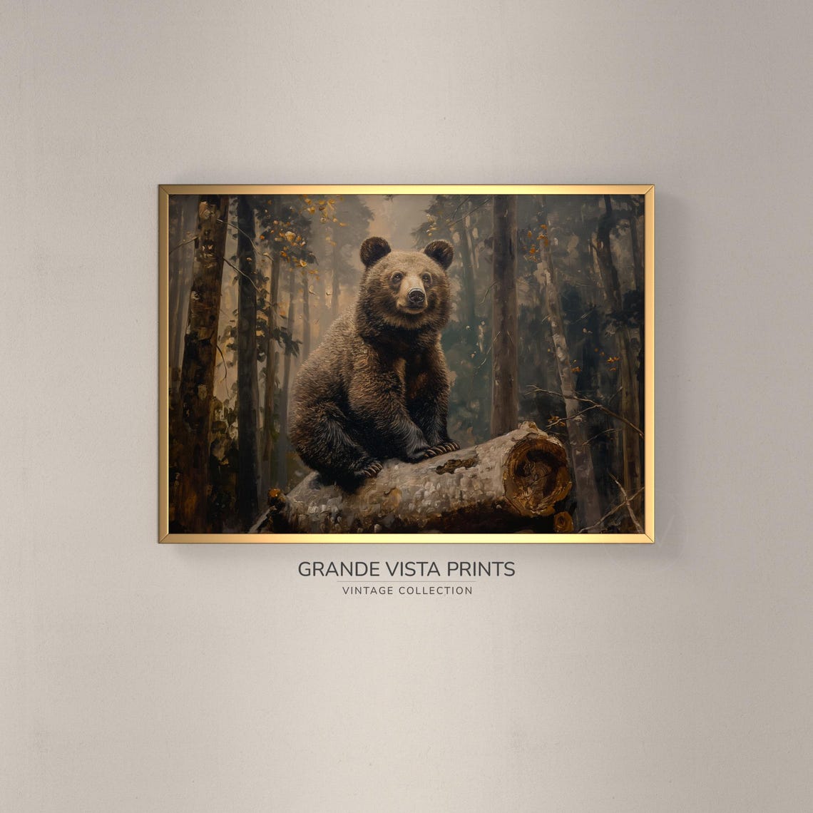 Brown Bear Cub Sitting Fallen Log Misty Forest Vintage Wildlife Print