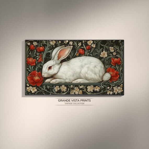 White Rabbit Dark Floral Pattern Red Poppies Decorative Vintage Print