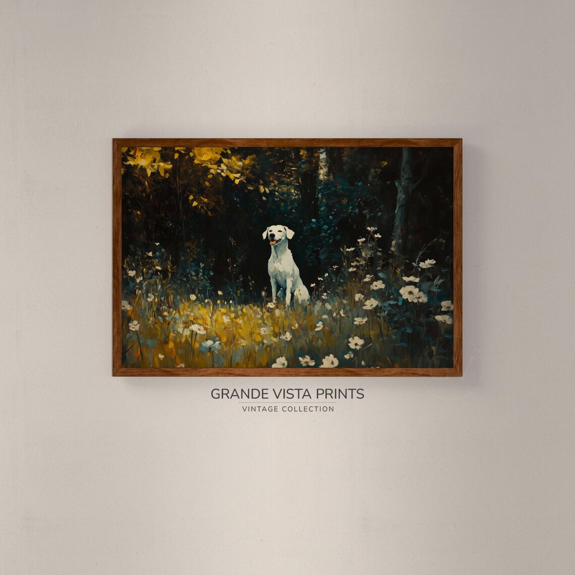 White Dog Wildflower Meadow Dusk Moody Vintage Animal Painting Poster - Image 2