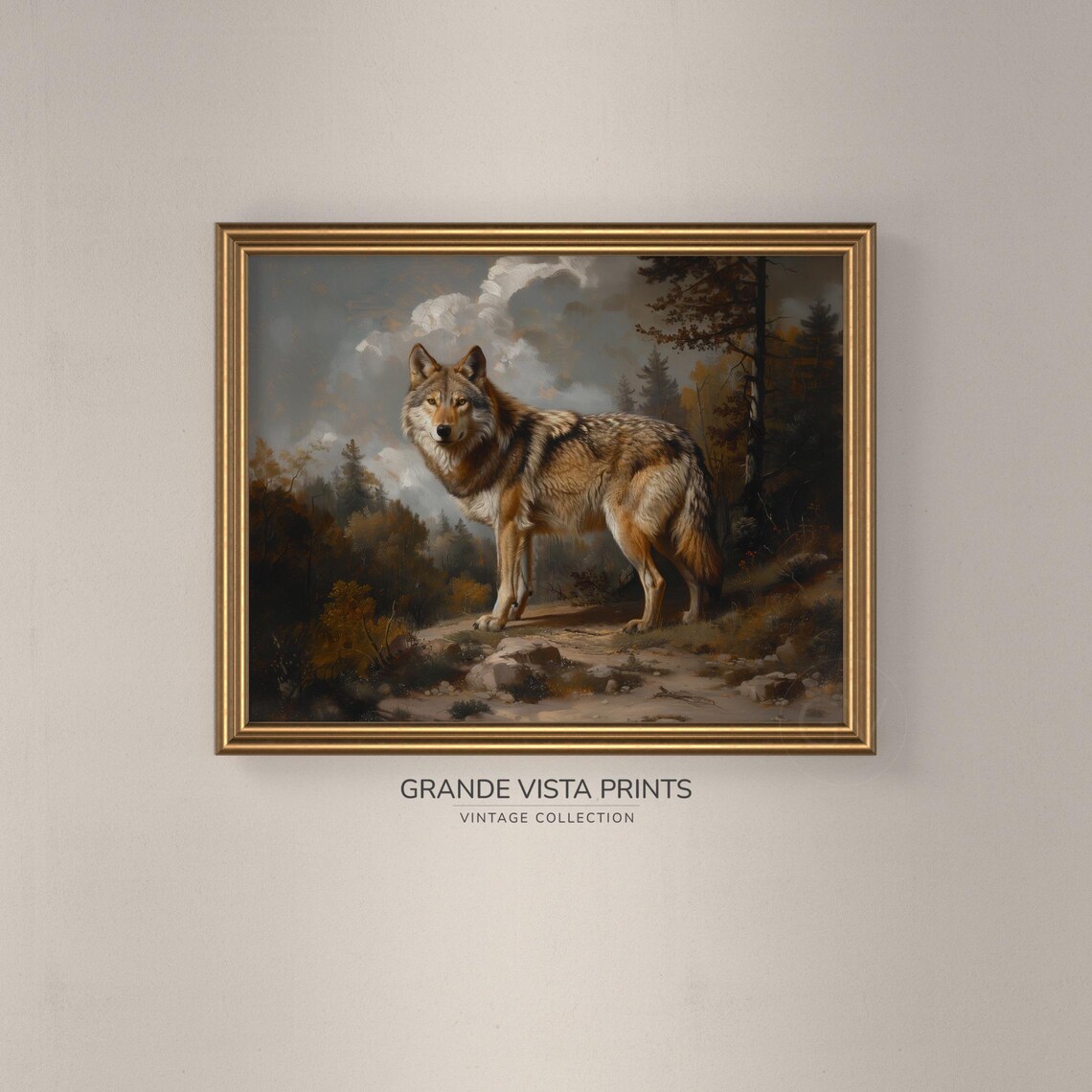 Gray Wolf Standing in Autumn Forest Vintage Wildlife Portrait Poster - Image 3