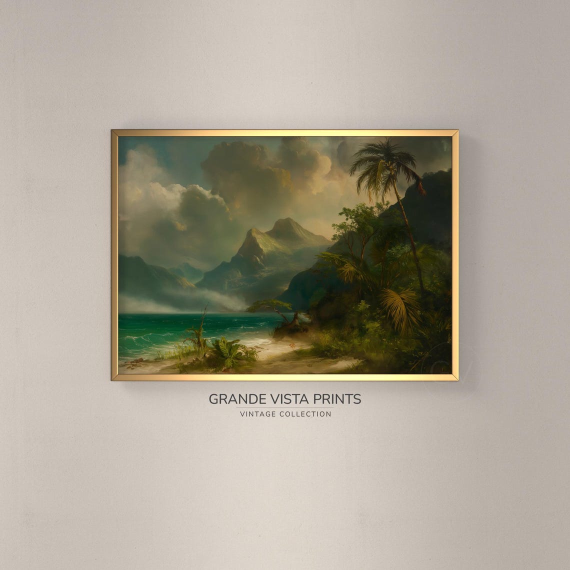 Tropical Island Shore Palm Trees Misty Peaks Vintage Landscape Poster