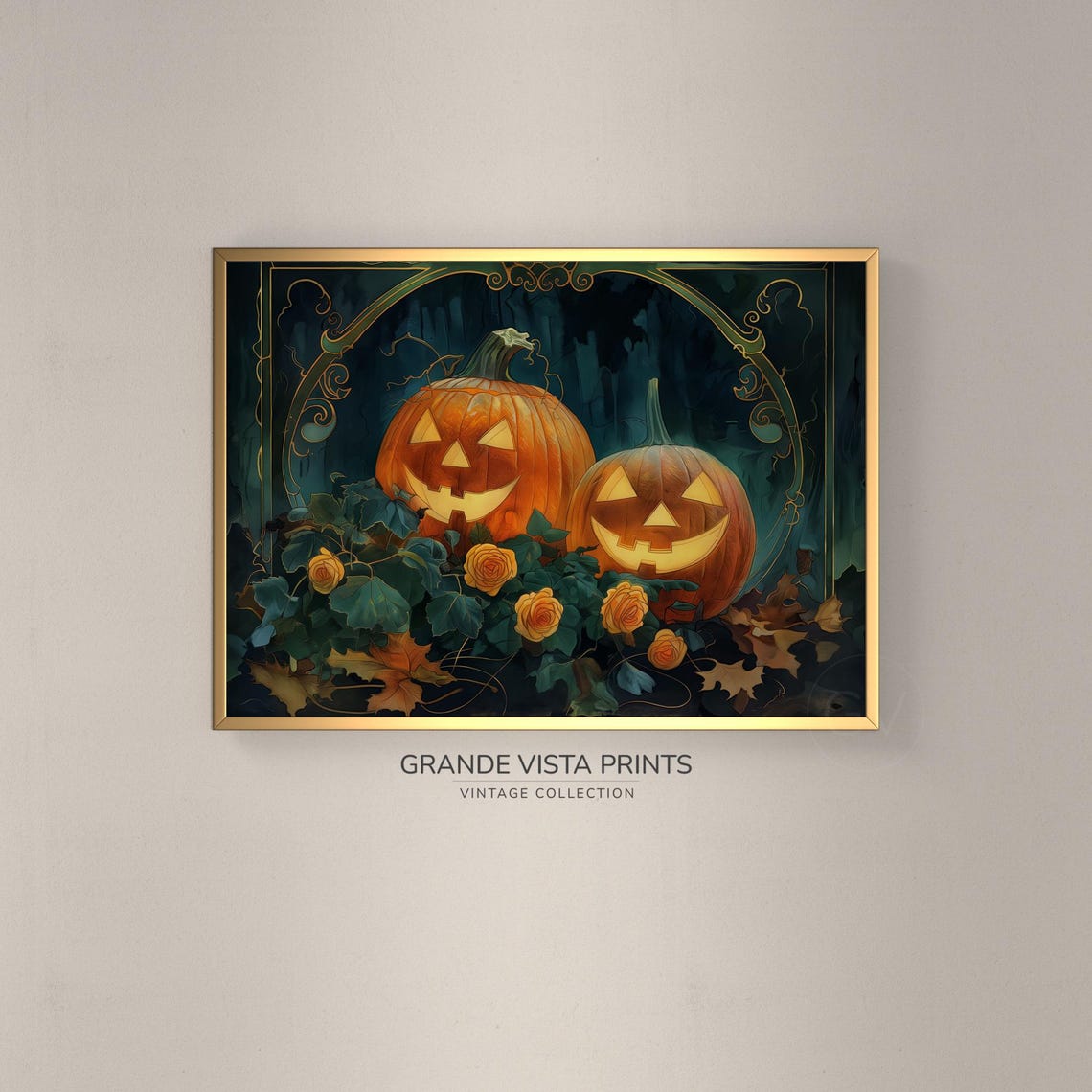 Halloween Jack O Lantern Roses Vintage Pumpkin Wall Art Poster