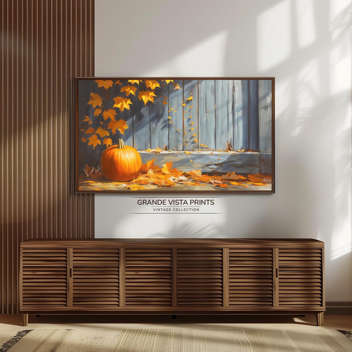 Orange Pumpkin Barn Wall Golden Maple Leaves Fall Harvest Vintage Art Poster - Image 3
