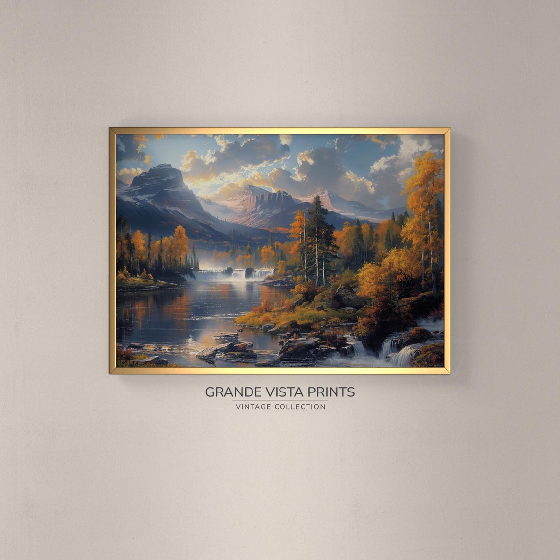Autumn Mountain Lake Waterfall Golden Foliage Vintage Landscape Poster