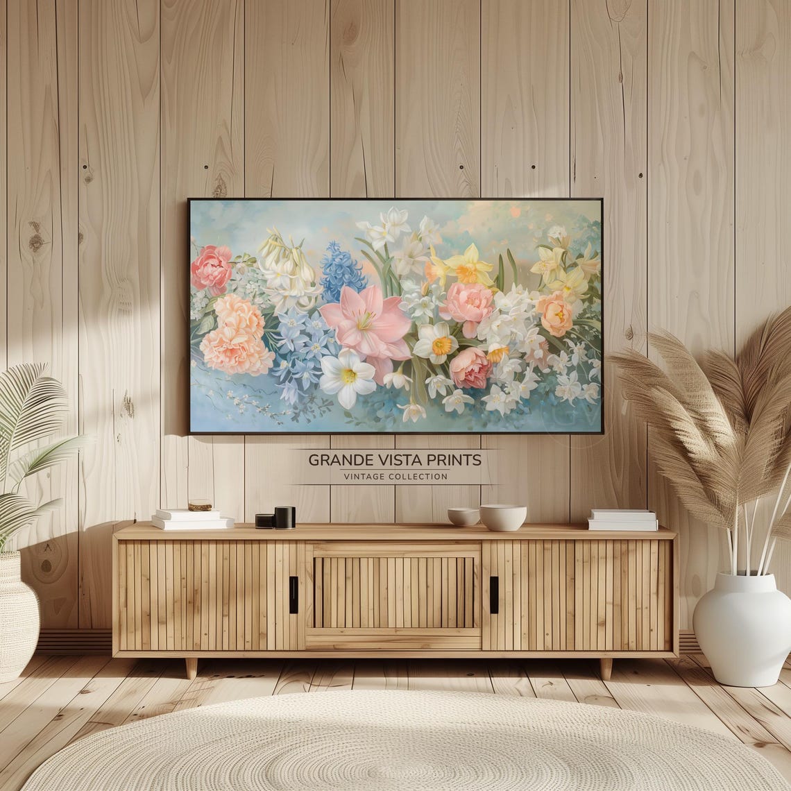 Pastel Spring Bouquet Pink Amaryllis Blue Hyacinth Vintage Art Print - Image 2