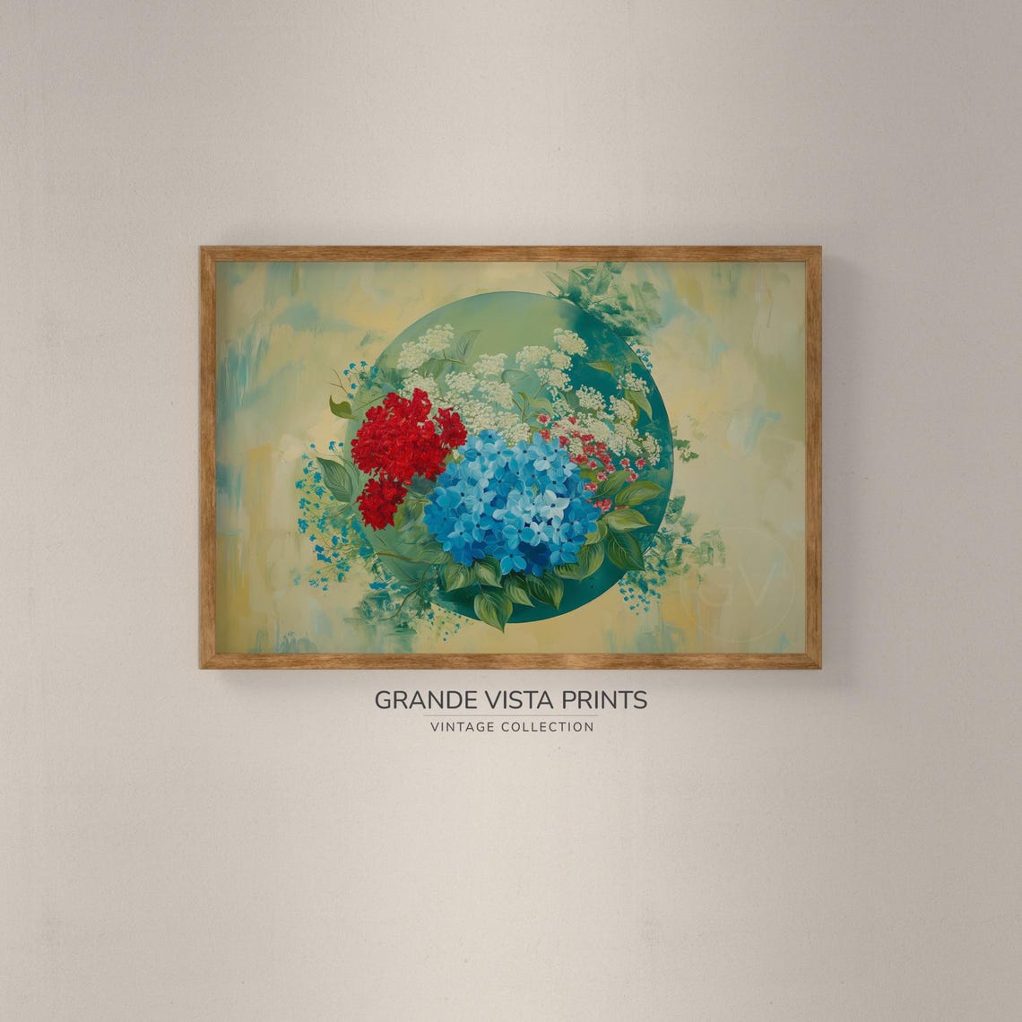 Red Blue White Hydrangea Circle Bouquet Painterly Vintage Floral Print - Image 2