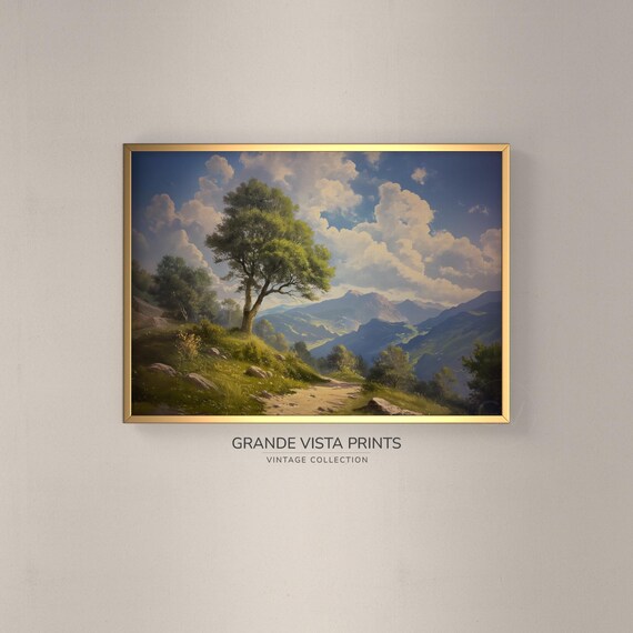 Spring Hill Landscape Painting Hill Tree Wall Art Instant Art Print Spring Summit Painting G4193