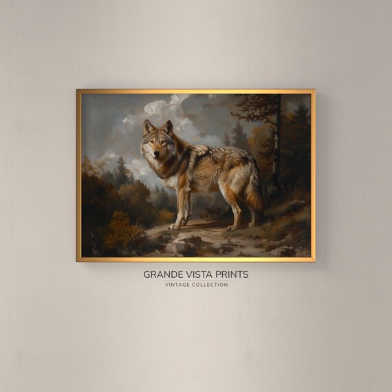Gray Wolf Standing in Autumn Forest Vintage Wildlife Portrait Poster
