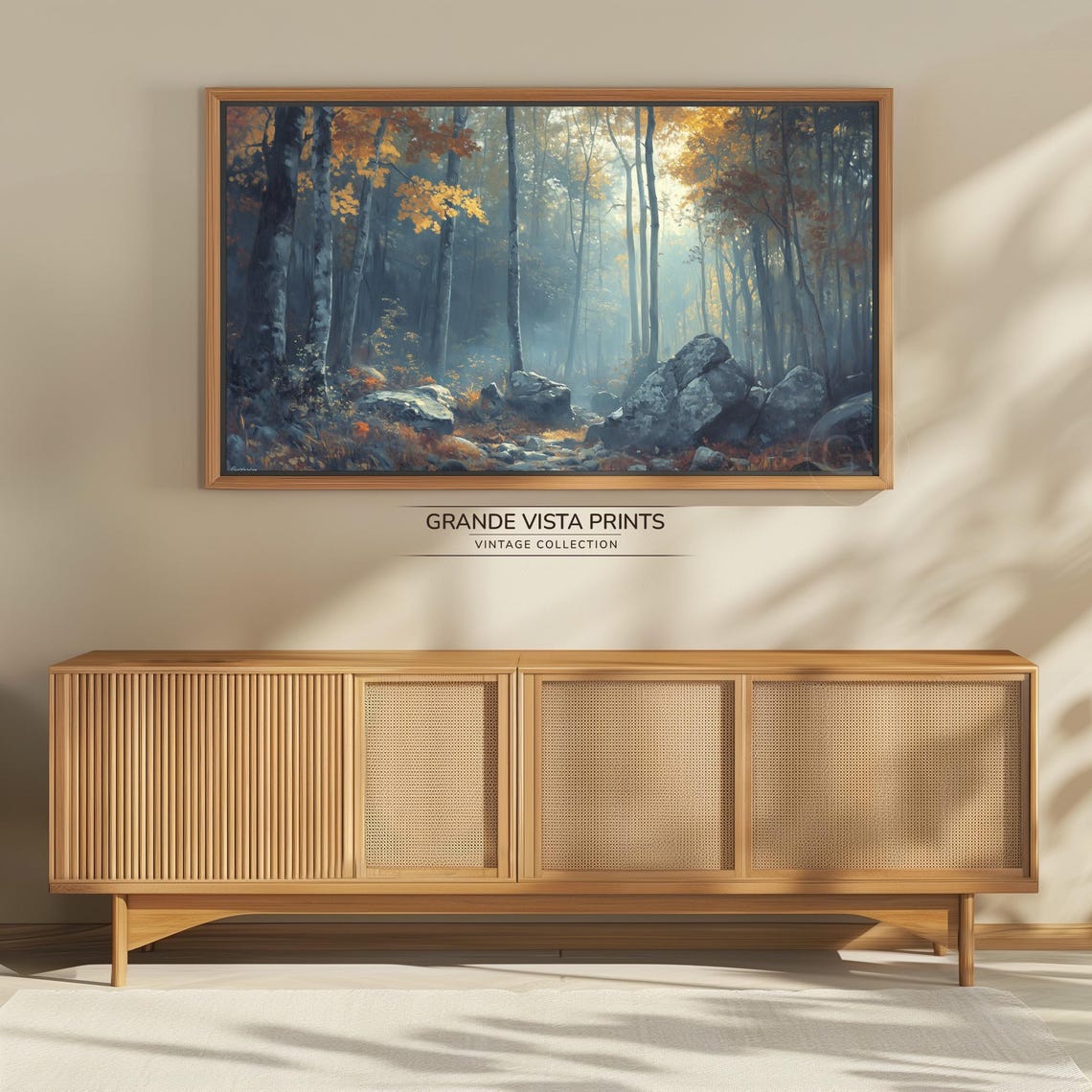 Autumn Forest Golden Birch Trees Sunlit Misty Vintage Painting - Image 4