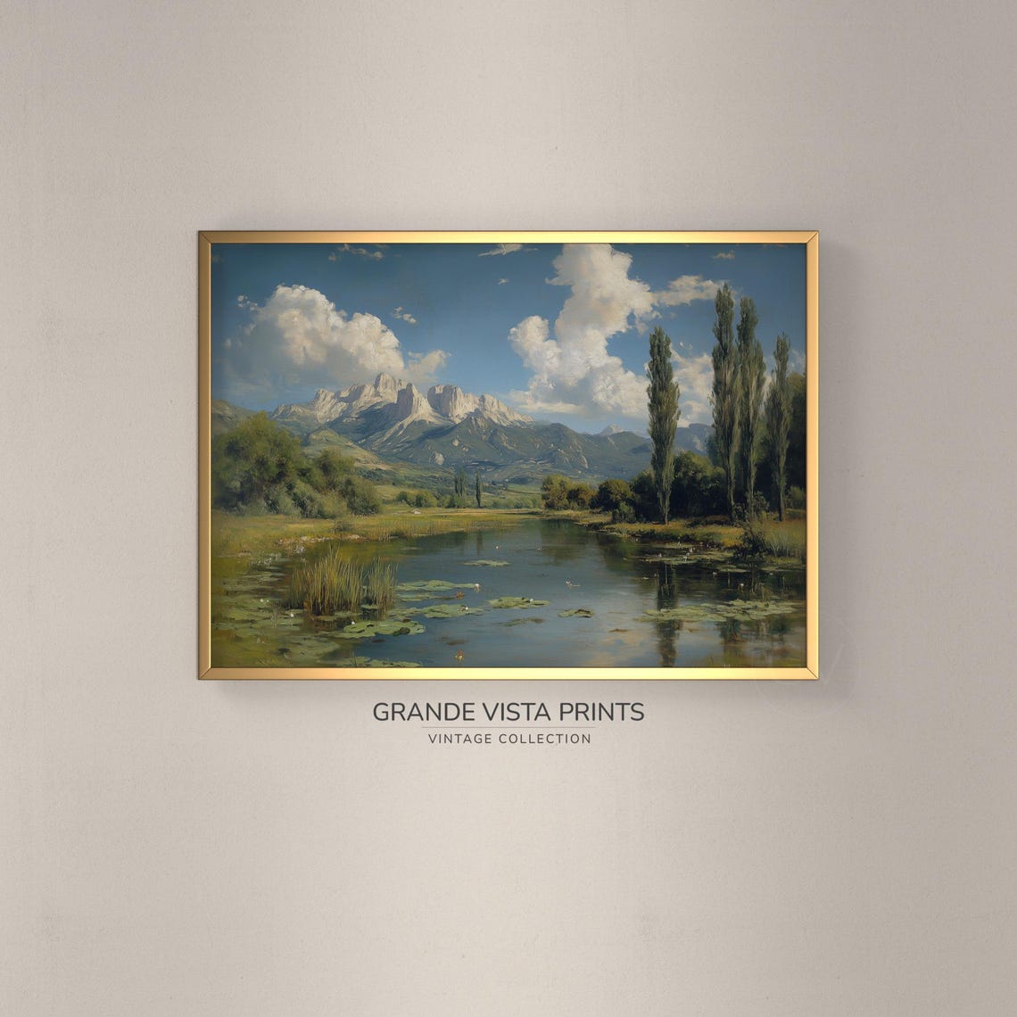 Mountain River Valley Poplar Trees Lily Pads Snow Peaks Summer Poster