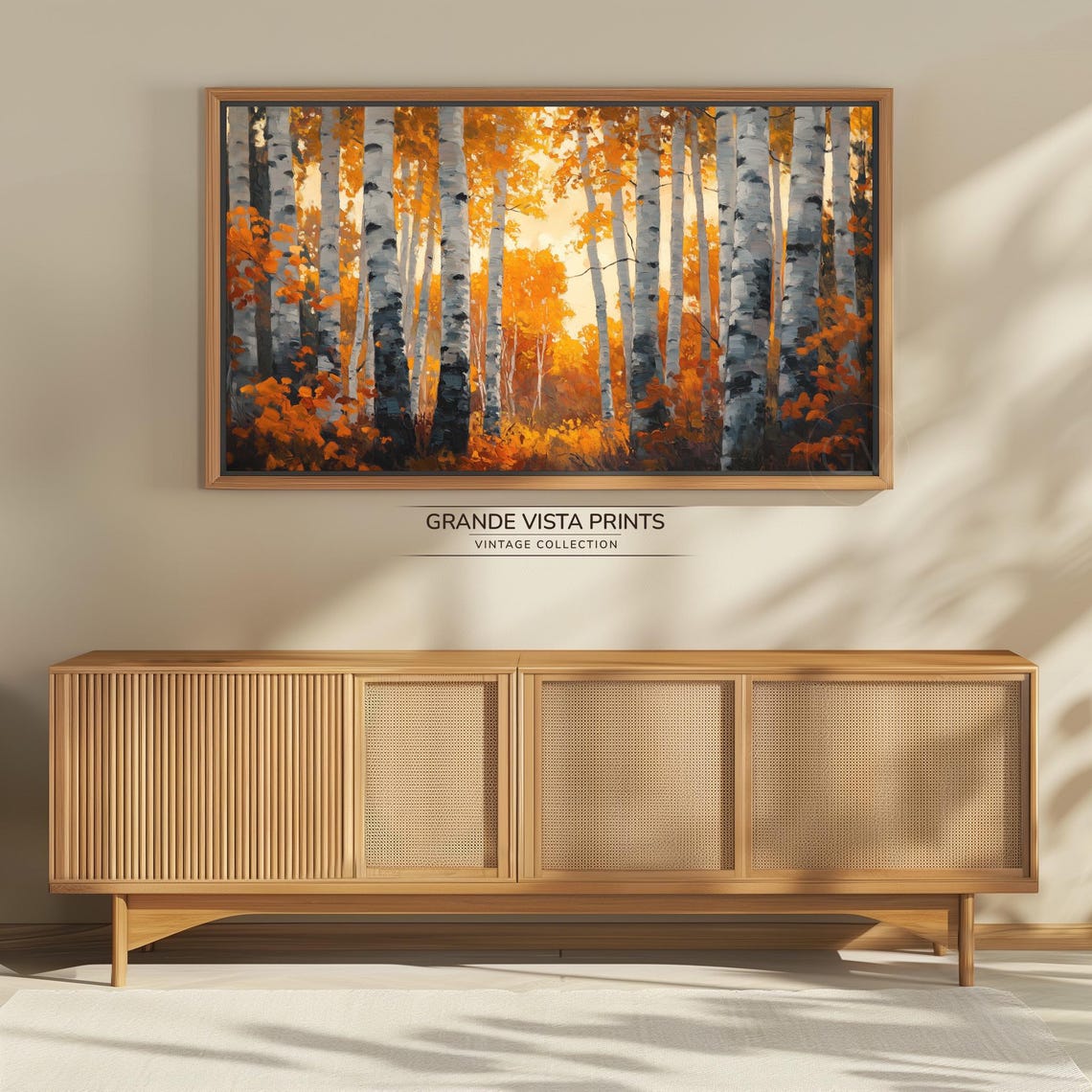 Fiery Orange Birch Forest White Trunks Sunburst Vintage Poster - Image 4