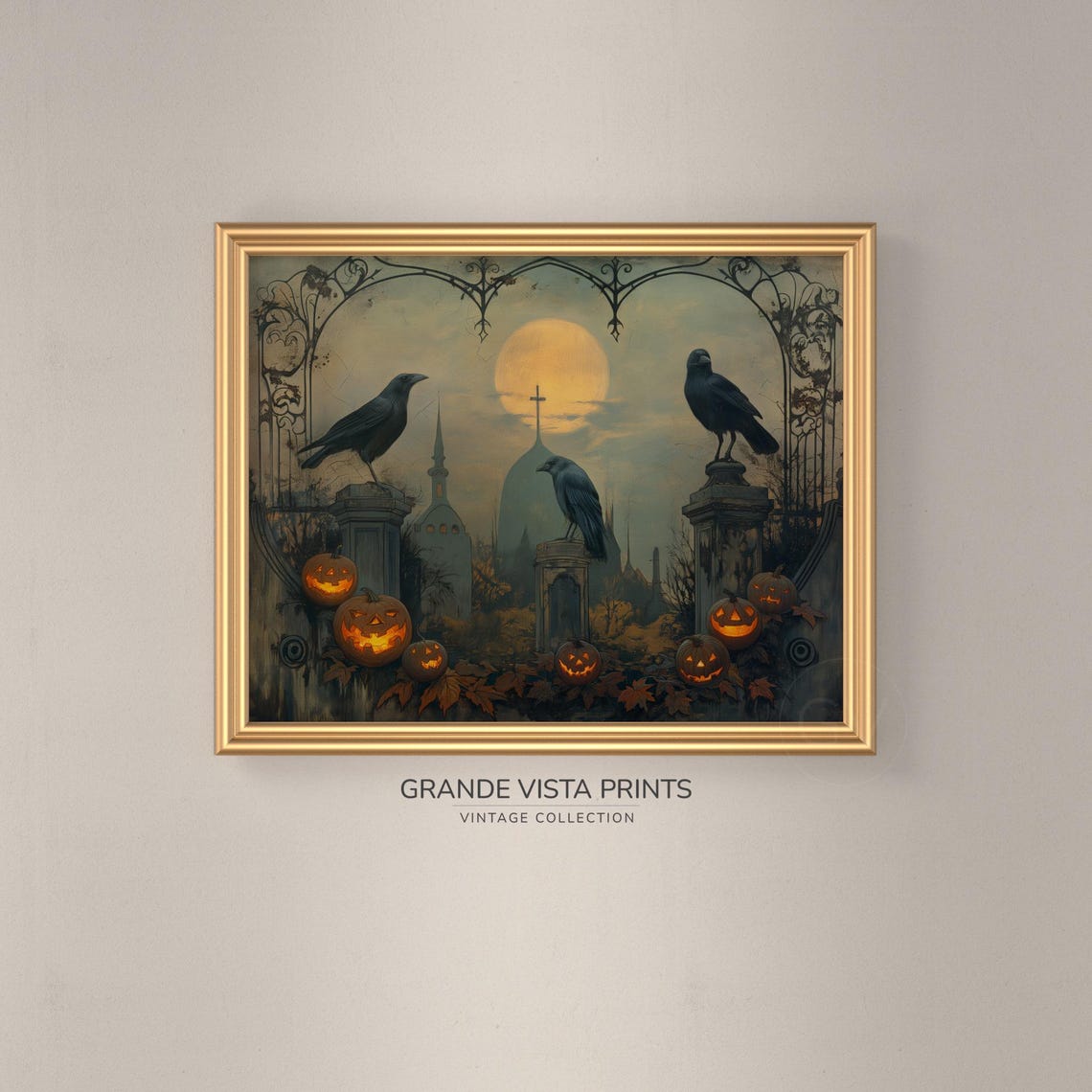 Three Crows Perched on Iron Arch With Pumpkins Gothic Halloween Poster - Image 3