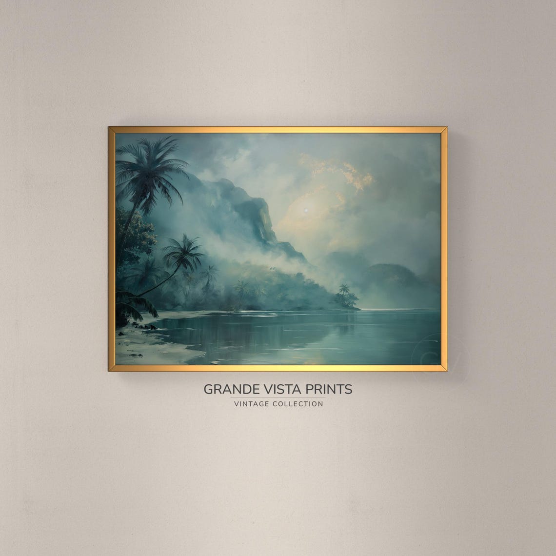 Misty Tropical Lagoon Palm Trees Cliffs Golden Light Coastal Poster