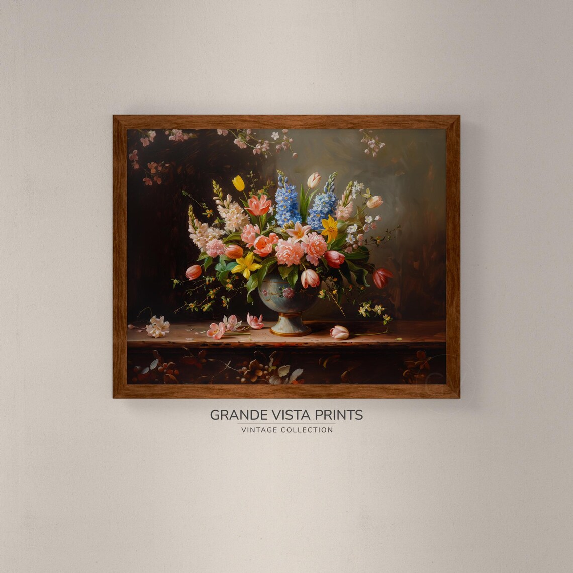 Tulip Blue Hyacinth Bouquet in Vase Vintage Still Life Art Print - Image 4