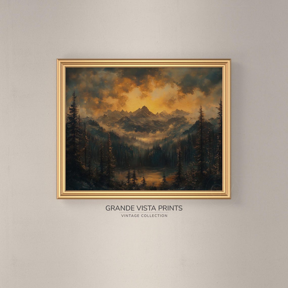 Golden Sunset Glow Dark Pine Forest Mountain Lake Vintage Poster - Image 3