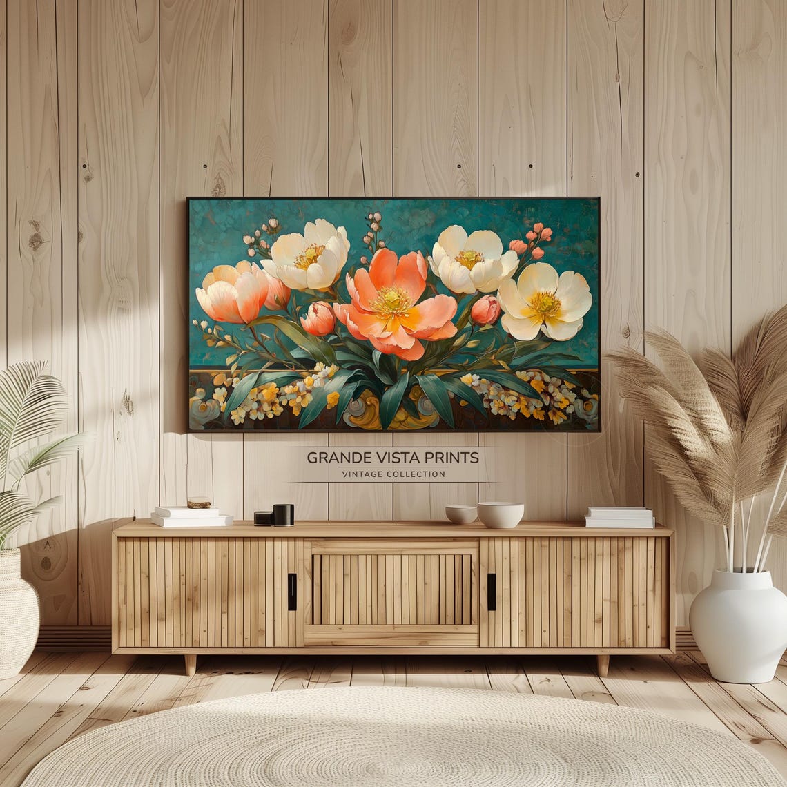 Peach and White Peony Blossoms on Teal Floral Painting Wall Art - Image 2