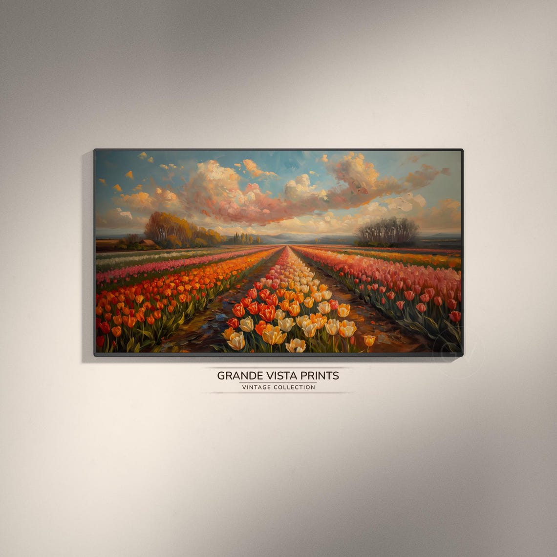 Sunset Tulip Field Rows Red Orange Blossom Farming Valley Poster