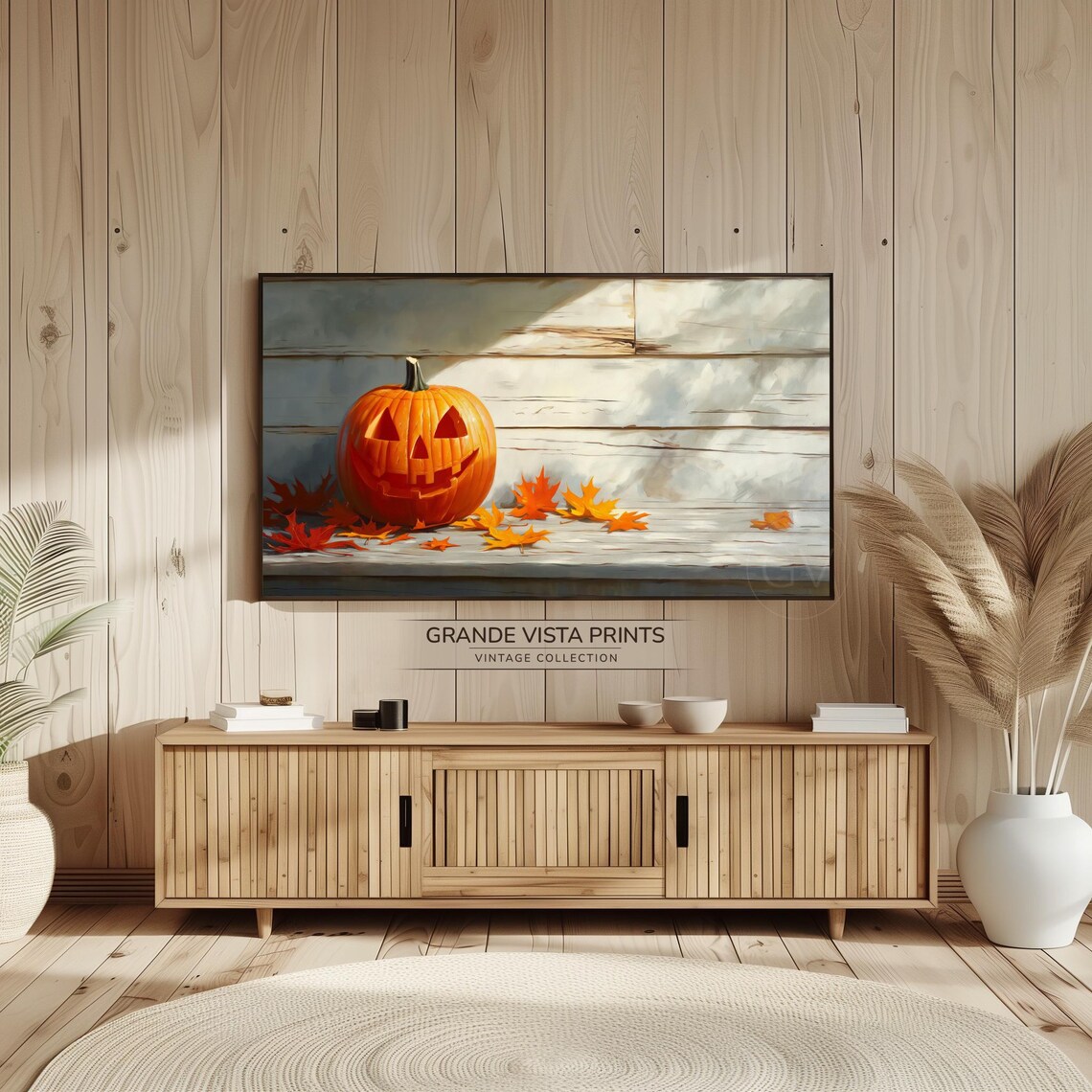 Smiling Jack O Lantern White Steps Fall Leaves Vintage Halloween Art Poster - Image 2