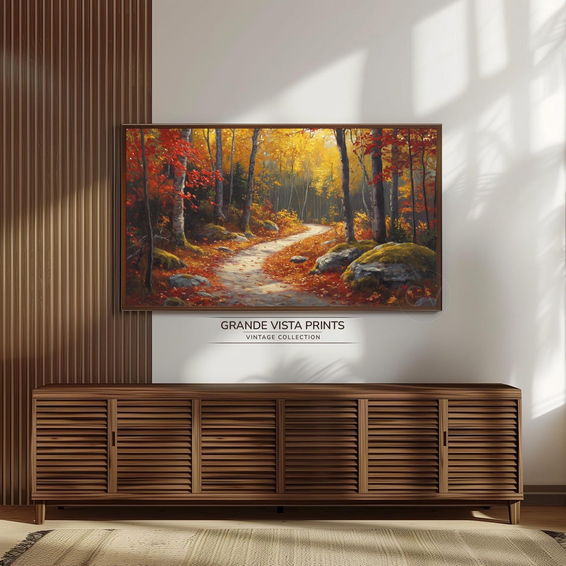 Autumn Forest Path Birch Trees Red Gold Foliage Rocky Trail Art Poster - Image 3