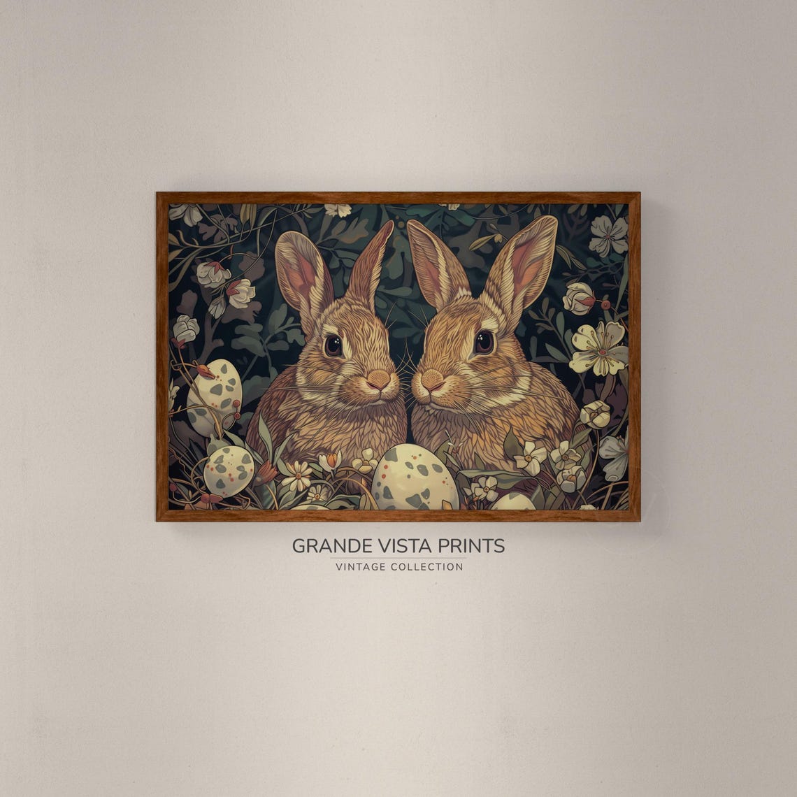 Two Brown Bunnies with Easter Eggs Flowers Vintage Holiday Wall Art - Image 2