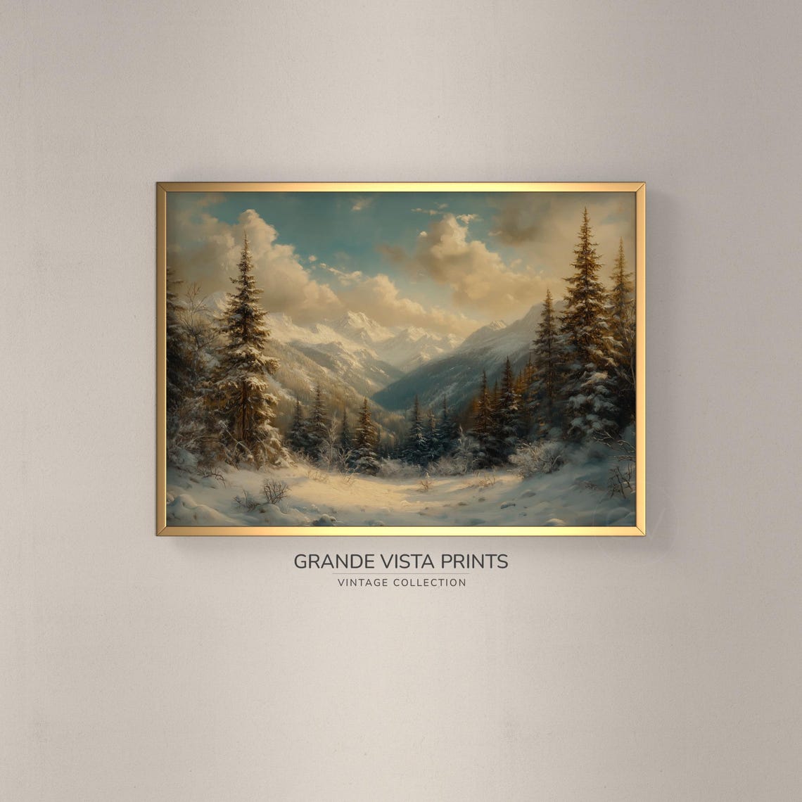Sunlit Snowy Forest Valley Golden Light Winter Mountain Poster