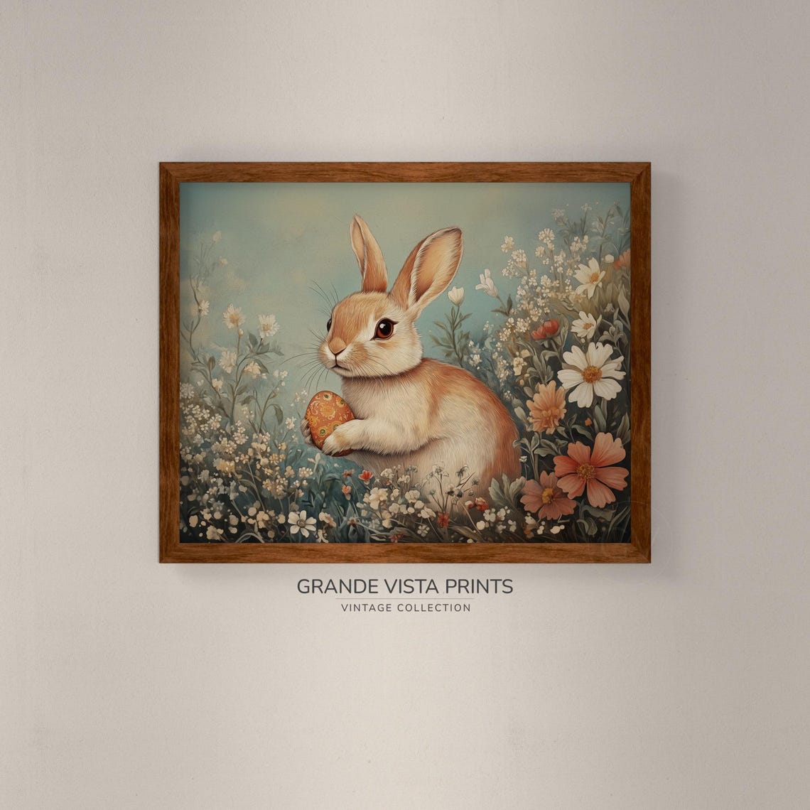 Tan Rabbit Holding Painted Easter Egg Wildflowers Vintage Art Poster - Image 4