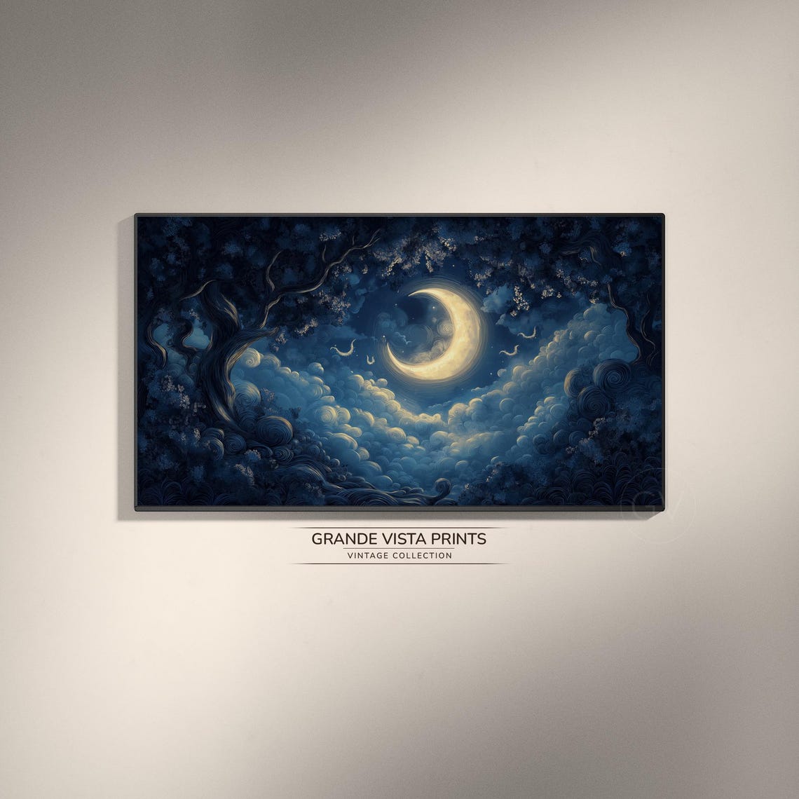Crescent Moon Night Clouds Dreamy Tree Frame Wall Art Poster