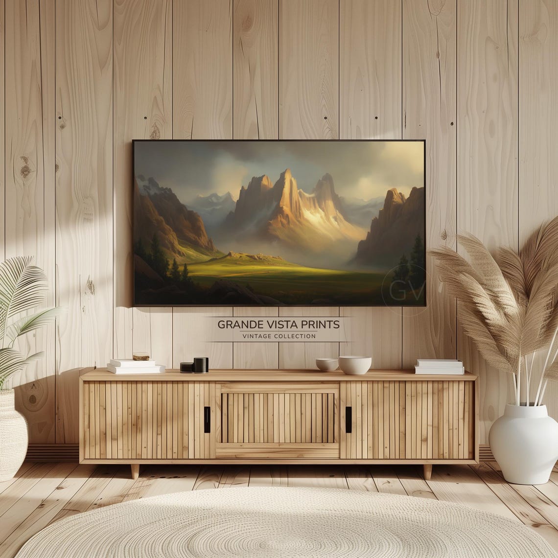 Golden Mountain Peaks Green Valley Dramatic Vintage Landscape Poster - Image 2