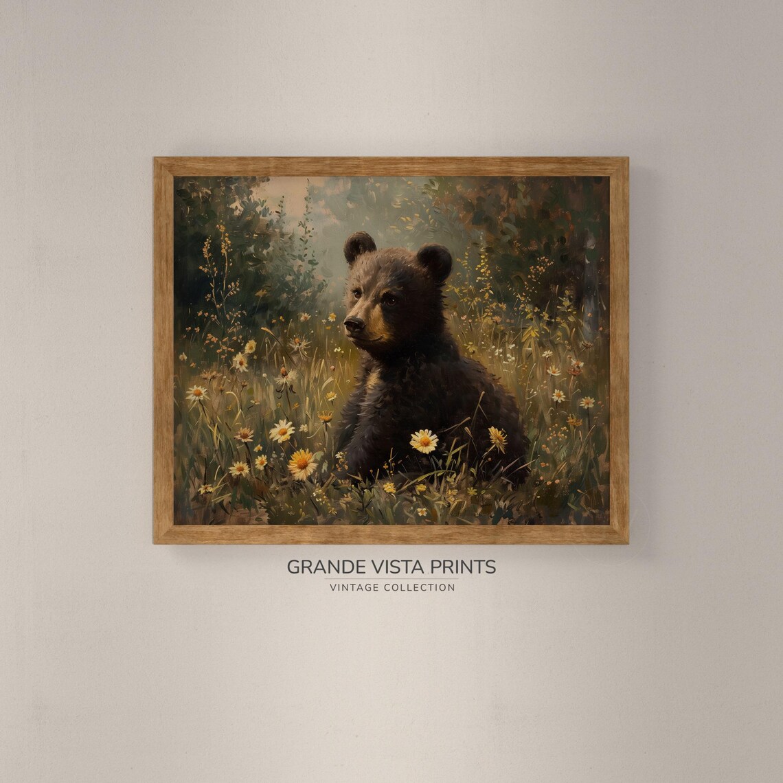 Black Bear Cub Daisy Field Golden Light Vintage Wildlife Poster - Image 4