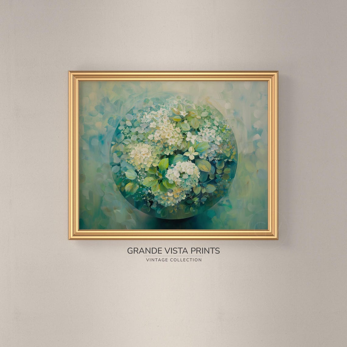 White Hydrangea Blossom Sphere on Teal Green Abstract Floral Wall Art - Image 3