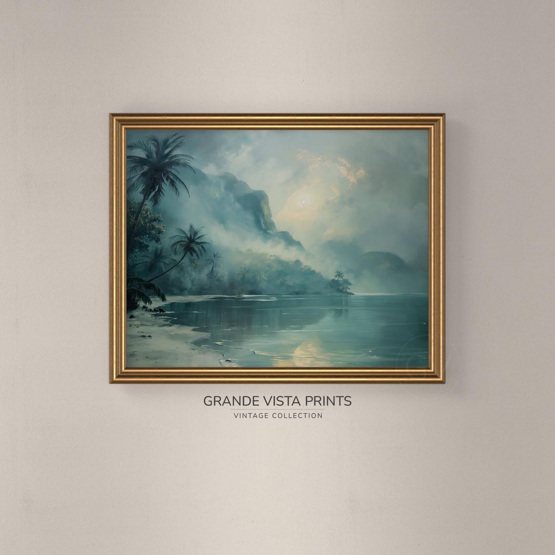 Misty Tropical Lagoon Palm Trees Cliffs Golden Light Coastal Poster - Image 3