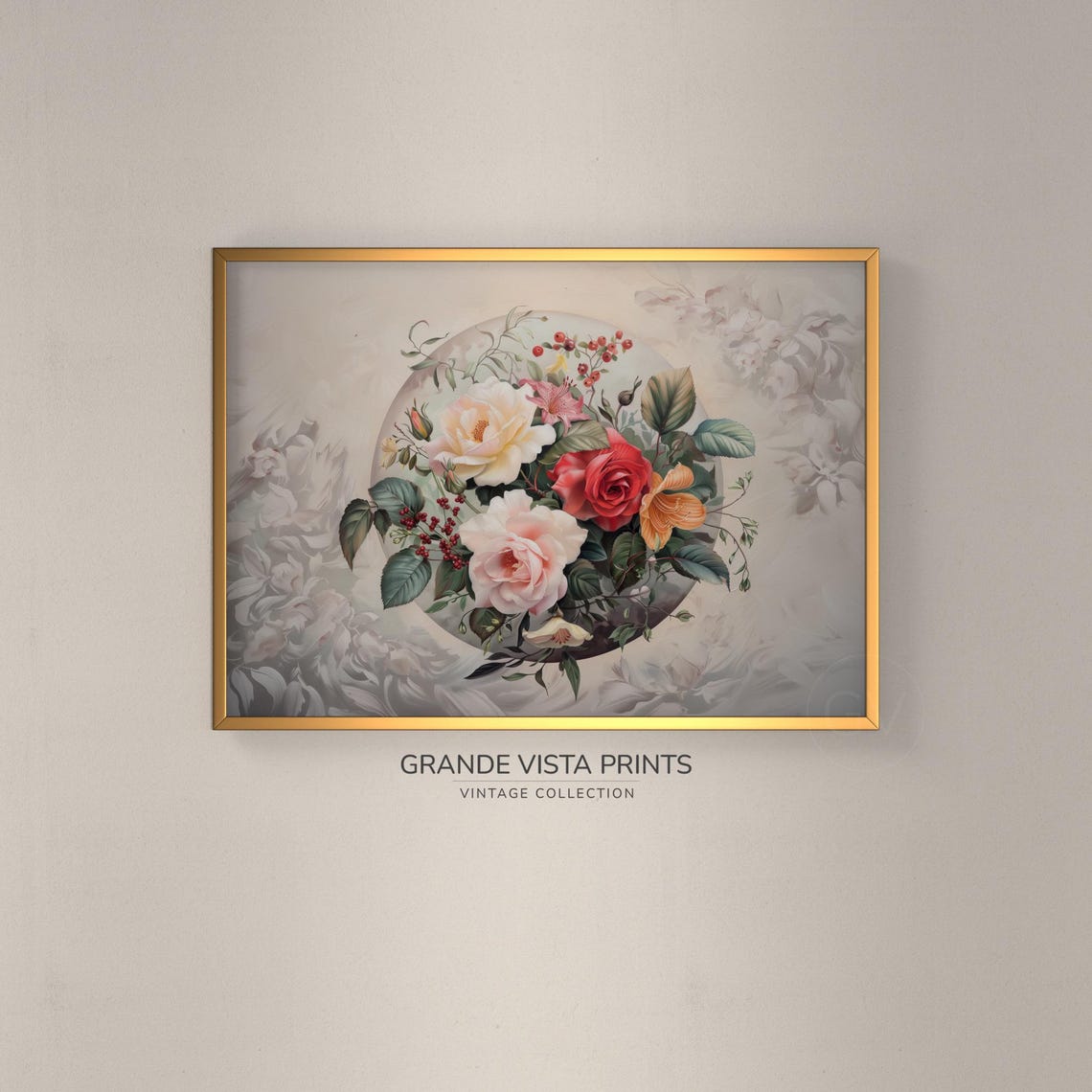 Blush Pink Red White Roses Bouquet with Lilies Vintage Floral Poster