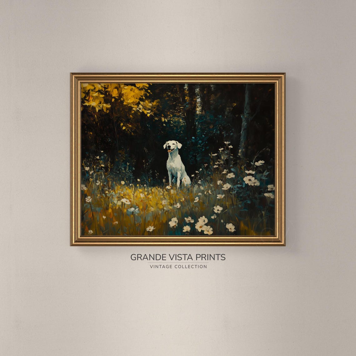 White Dog Wildflower Meadow Dusk Moody Vintage Animal Painting Poster - Image 3