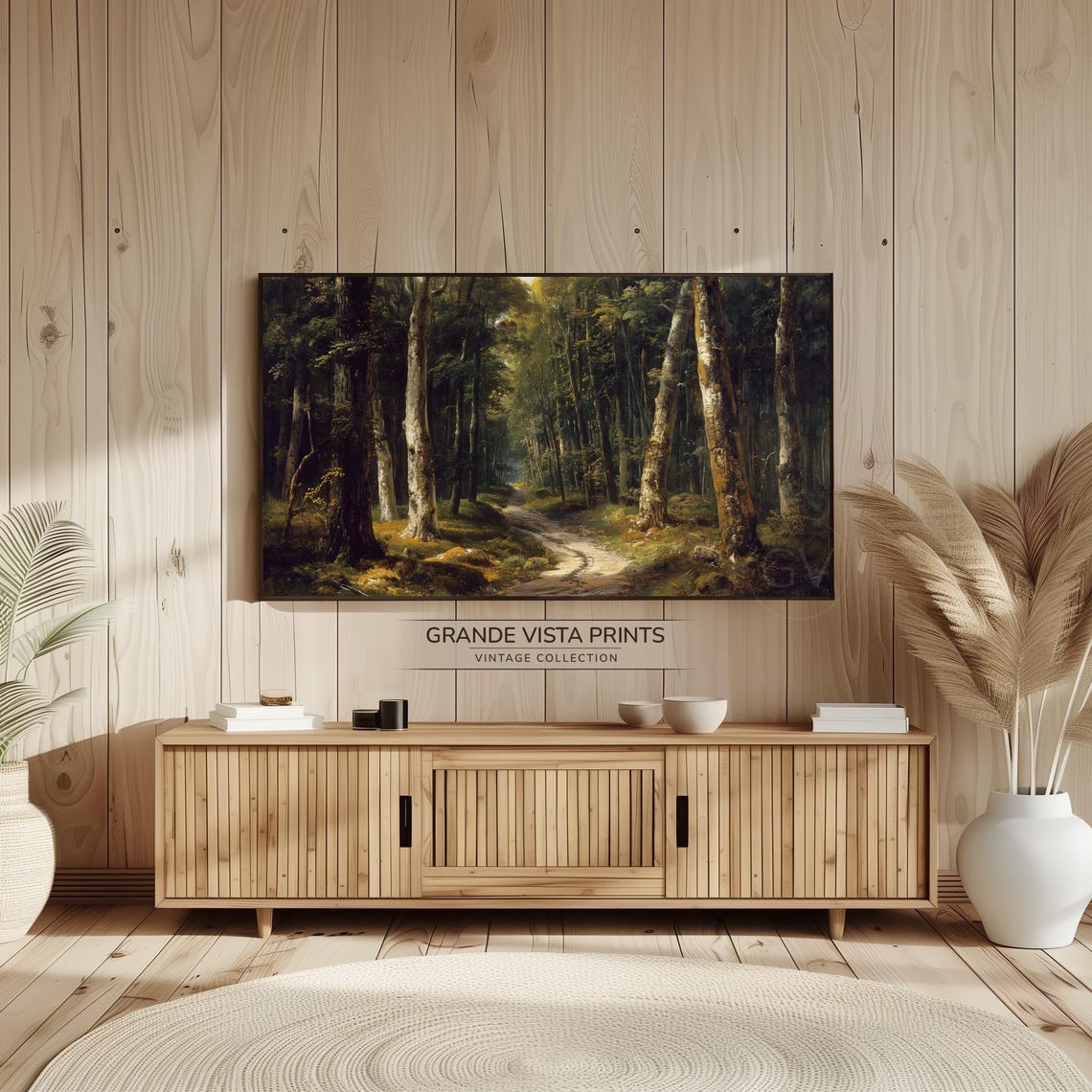 Birch Forest Path Dappled Sunlight Deep Woods Vintage Painting Poster - Image 2