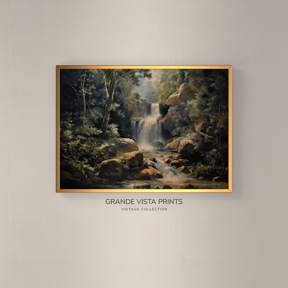 Babbling Brook Waterfall Painting Waterfall Wall Art Instant Forest Waterfall Art Print Gv4223