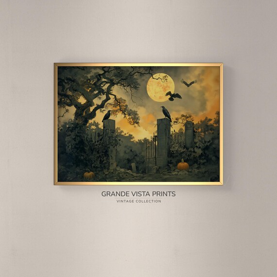 Black Crows on Cemetery Gate Under Full Moon Spooky Halloween Poster