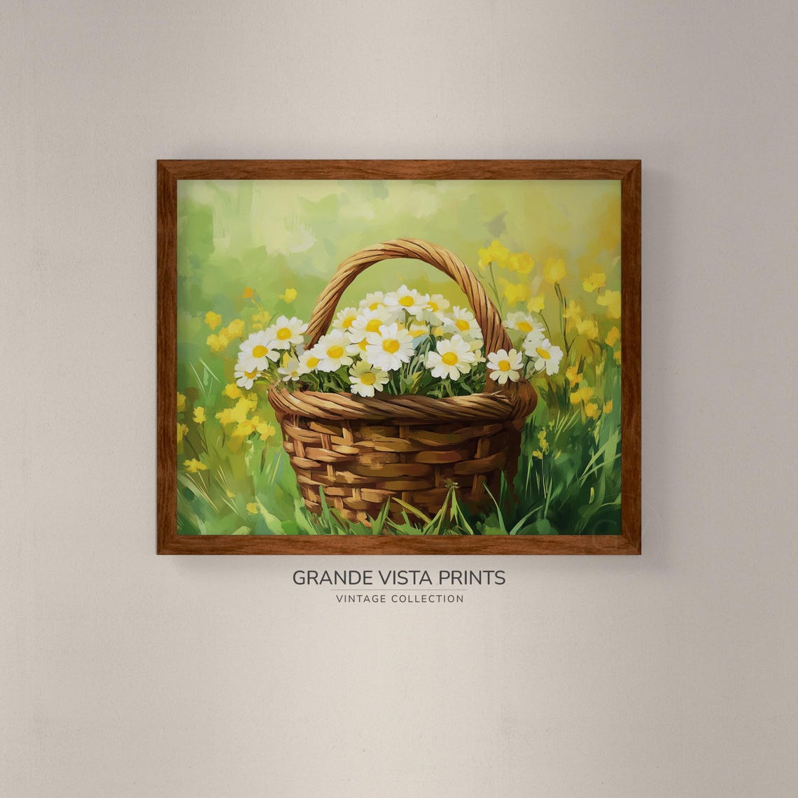 Wicker Basket of Daisies Sunny Meadow Green Yellow Spring Wall Art - Image 4