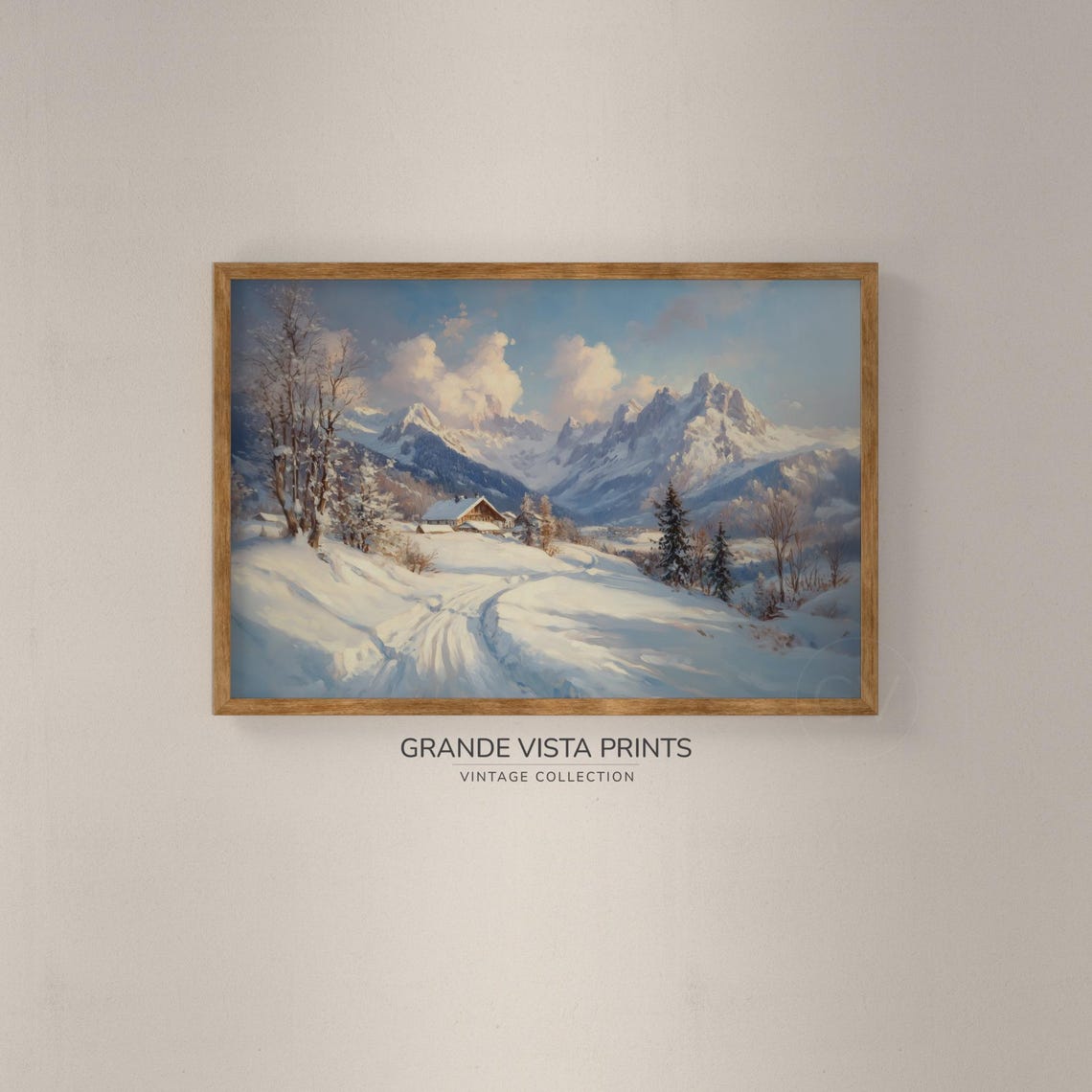 Snowy Alpine Village Cabins Winter Valley Vintage Mountain Poster - Image 2