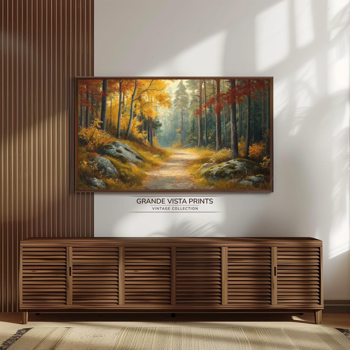 Sunlit Autumn Forest Trail Tall Trees Golden Light Misty Woods Poster - Image 3
